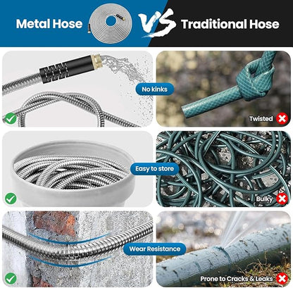Garden Hose 50FT, Water Hose with 10 Function Nozzle, Garden Hose Metal with Leak-proof Connectors, Kink-Free & Ultra Flexible, Rust/Pet/Puncture Proof for Lawn, Yard, RV, Car Wash, 550PSI