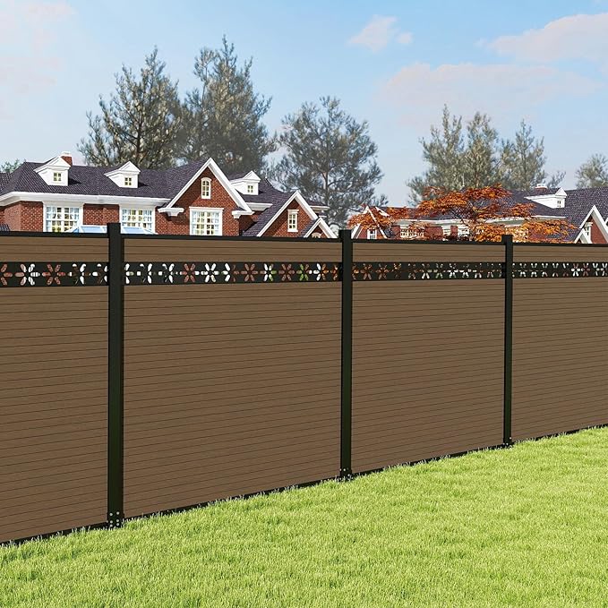 6 Feet×6 Feet Privacy Fence, Outdoor Wood Plastic Composite Fence Panel, Waterproof Security Barriers Fencing, WPC (Brown, Floral (1 Panel - 2 Post))