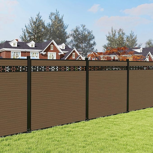 6 Feet×6 Feet Privacy Fence, Outdoor Wood Plastic Composite Fence Panel, Waterproof Security Barriers Fencing, WPC (Brown, Floral (1 Panel - 2 Post))