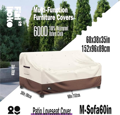 2-Seater Outdoor Couch Cover,60" Wx38 Dx35 H Patio Loveseat Cover,100% Waterproof Heavy Duty Patio Sofa Covers,Patio Furniture Covers,Beige&Brown