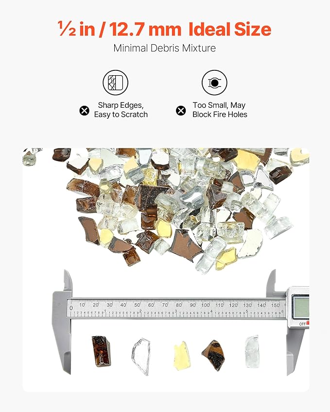 VEVOR Fire Glass, 10 LBS / 4.5 KG High-Temperature Resistant Fireplace Rocks, 1/2-Inch / 12.7 mm Reflective Firepit Glass Rock, High Luster Stone Landscaping for Fire Pit Table, Copper + Clear + Gold