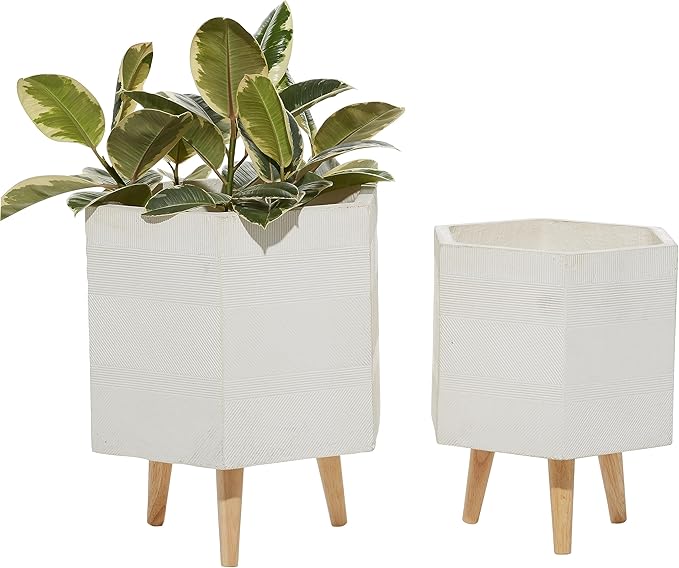 Deco 79 Magnesium Oxide Indoor Outdoor Planter Large Planter Pot with Wood Legs, Set of 2 Planters 15", 17"H, White