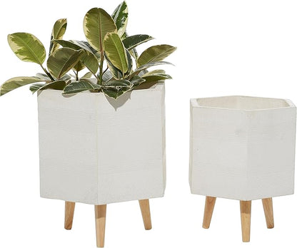 Deco 79 Magnesium Oxide Indoor Outdoor Planter Large Planter Pot with Wood Legs, Set of 2 Planters 15", 17"H, White