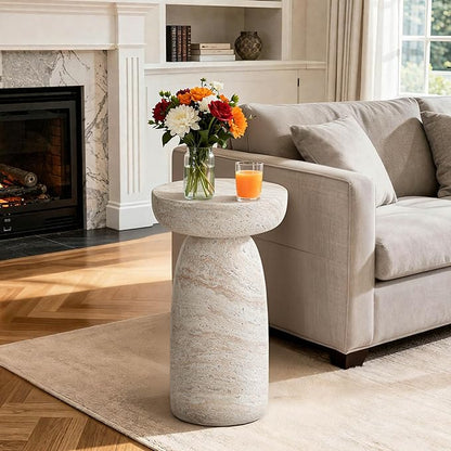 Side Table, 24''H Faux Travertine Look Accent Coffee Table, Durable Lightweight Patio Decorative Modern End Table, Weatherproof Indoor Outdoor Garden Stool for Living Room Balcony