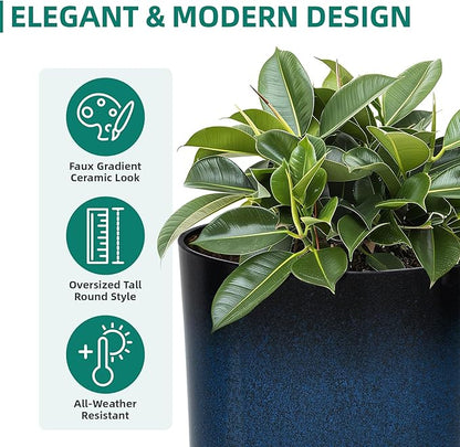 23.75" H Large Tall Outdoor Planters, Set of 2 Plastic Large Flower Pots for Outdoor Plants, with Gradient Cobalt Bule Finish, Weather-Resistant for Porch, Garden, Patio or Indoor Use