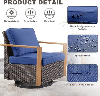 Rilyson Outdoor Wicker Patio Furniture Set - 7 Piece Patio Conversation Set with 4 Wicker Swivel Rocker Chairs,2 Rattan Ottoman and 1 Couch,Thick Cushions,Deep Seating,Wide Armrest(Brown/Blue)