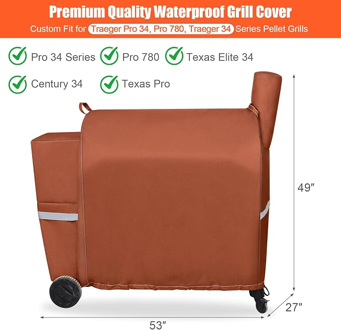 QuliMetal Pellet Grill Cover for Traeger Pro 34/780, Texas Elite 34, Eastwood 34 Series Pellet Grills, Z Grills 700/550/600, 600D Fade Resistant Full Length Grill Cover with Elastic Drawstrings, Brown