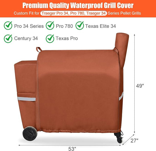 QuliMetal Pellet Grill Cover for Traeger Pro 34/780, Texas Elite 34, Eastwood 34 Series Pellet Grills, Z Grills 700/550/600, 600D Fade Resistant Full Length Grill Cover with Elastic Drawstrings, Brown