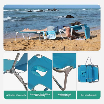 SUNNYFEEL Beach Lounge Chair, Aluminum Tanning Chair with Face Hole, Foldable Lounge Chair Outdoor, Sun Tanning Chair with Backpack Straps for Outdoor/Picnic/Lawn