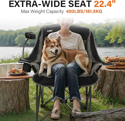 Camping Chairs for Adults-Oversized Extra Large Lawn Chair,Folding Comfy Padded Chair w/Phone Holder,Side Pocket,Cup Holder for Outdoor,Wide&Thick,Heavy Duty 400Lbs,Black