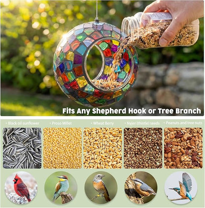 VCUTEKA Bird Feeder Mosaic Fly Through Bird Feeders for Outside Hanging with Round Shape Glass Container to Attract More Wild Birds for Garden, Yard, Backyard, Deck and Porch Decor, Polygon 7-Inch