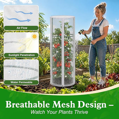 4 Pcs Garden Mesh Plant Cover for Round Tomato Cage, 57" x 15.7" Insect Bird Netting Protection Net Covers with Zipper & Drawstring, Garden Tomato Trellis Netting for Climbing Plants