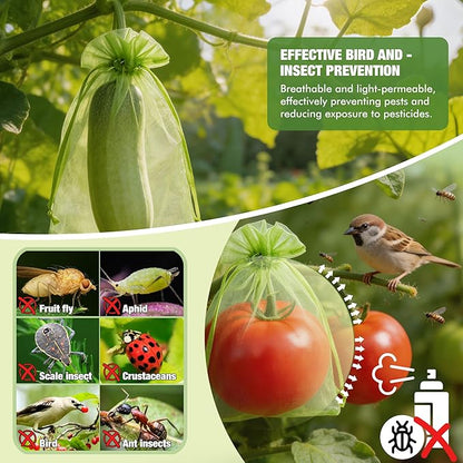 50 Pcs Drawstring Fruit Protection Bags, 8×12 Inch Green Mesh Fruit Net Covers, Anti-Bird Anti-Insect Garden Protective Bags for Fruit Tree, Tomato, Strawberry, Apple, Cherry, Grapes and Vegetables