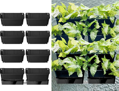 Maxona Vertical Wall Planter for Indoor Plant-Walls Mounted Pot with 2 Drainage Tray 8 Pack, 13 inch Black Color for Indoors and Outdoor Decor, Plastic Pots Balcony Planters, Plants Hanging