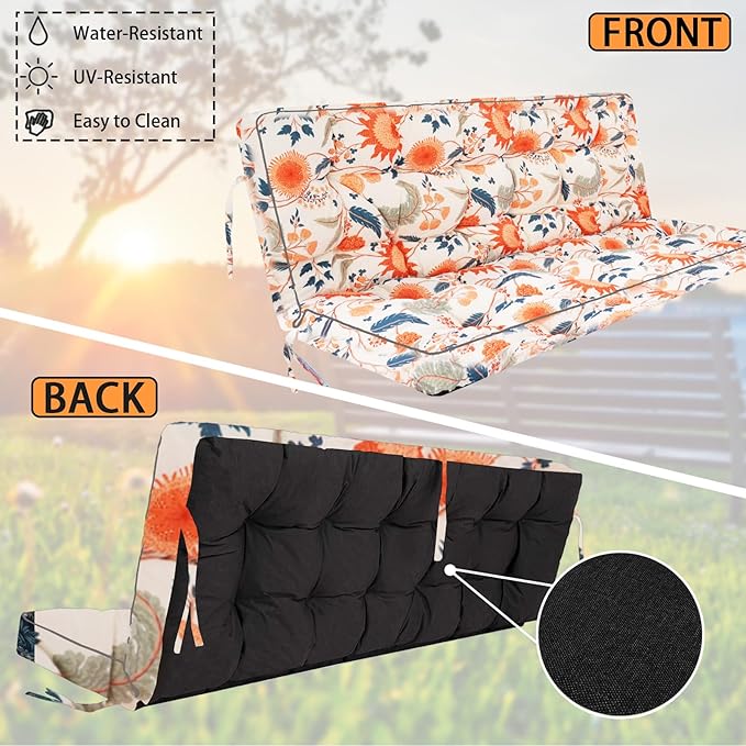 Swing Replacement Seat Cushions, 2-3 Seater Bench Cushions for Outdoor Furnitur with Backrest, Garden Recliner Seat Cushions Waterproof Sofa Pads (Spring Warmth, 63x40in)