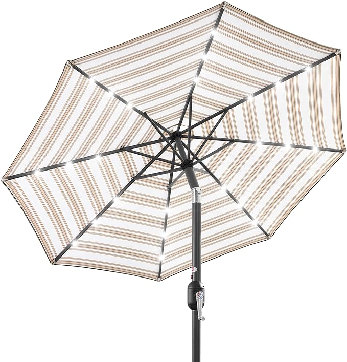 Best Choice Products 10ft Solar Polyester LED Lighted Patio Umbrella w/Tilt Adjustment and UV-Resistant Fabric - Striped Tan