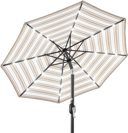 Best Choice Products 10ft Solar Polyester LED Lighted Patio Umbrella w/Tilt Adjustment and UV-Resistant Fabric - Striped Tan