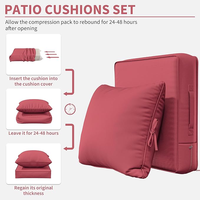 Premium Outdoor Seat Cushion Chair Cushions for Patio Furniture 22 L X 24 W X 4 H Waterproof & Fade Resistant Deep Seat and Backrest Cushion Set with Removable Covers for Chair, Sofa