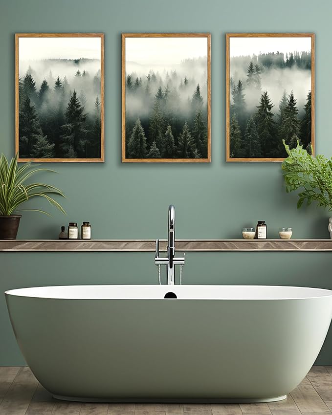 UPWOIGH Large Framed Canvas Wall Art, Set of 3 Foggy Forest Decor, 16x24 in Minimalist Natural Cotton Posters, Misty Forest Triptych, Green Botanical Modern Aesthetic for Living Room, Bedroom, Office