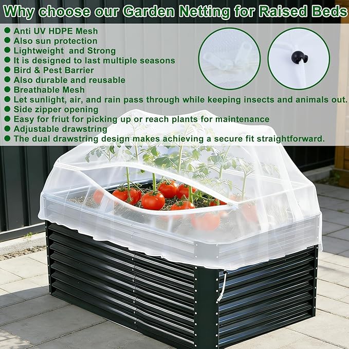 2 Pack Garden Netting for Raised Beds, Fine Mesh Bird Netting Barrier Screen with Zipper Drawstring Garden Bed Plant Cover for Protect Vegetable Fruits Crop from Animals Pest Insect, 2.3×2.3×2Ft