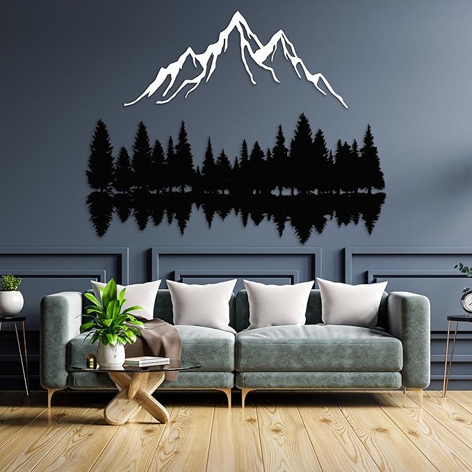 Mountain and Forest Lake Reflection Metal Wall Art, Nature-Inspired Silhouette Decor for Living Room, Bedroom or Office, Large Outdoor Wall Decor, Nature Christmas Décor (White, 32x24 inches)