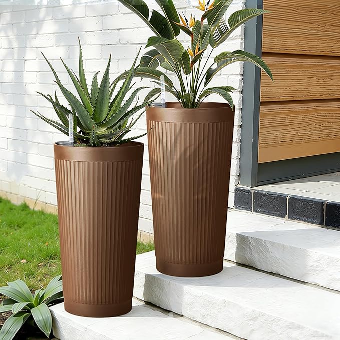 TUYOHW Set of 2 Self-Watering 24in Plastic Round Planters with Vertical Stripe Design – Indoor Outdoor Flower Pots for Plants, Herbs, Small Trees