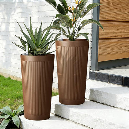 TUYOHW Set of 2 Self-Watering 24in Plastic Round Planters with Vertical Stripe Design – Indoor Outdoor Flower Pots for Plants, Herbs, Small Trees
