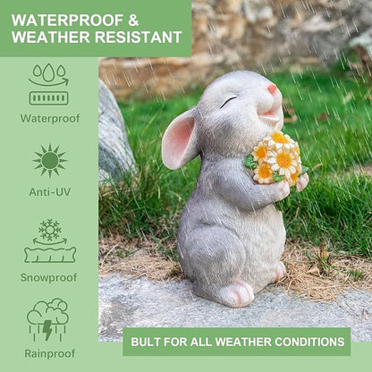 Solar Rabbit Garden Statues Outdoor Bunny Decor Resin Rabbit Figurine Holding Sunflower with LED Lights for Proch Patio Lawn Yard Christmas Birthday Gardening Gifts for Mom Women