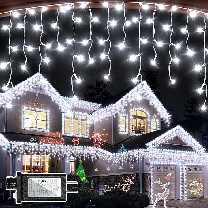 504 LED Christmas Lights Outdoor 50FT with 112 Drops, Christmas Decorations Hanging Lights 12 Modes, Dimmable Outsite Fairy String Lights for Wedding Party Holiday Winter Wonderland Decor Cool White