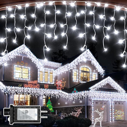 504 LED Christmas Lights Outdoor 50FT with 112 Drops, Christmas Decorations Hanging Lights 12 Modes, Dimmable Outsite Fairy String Lights for Wedding Party Holiday Winter Wonderland Decor Cool White