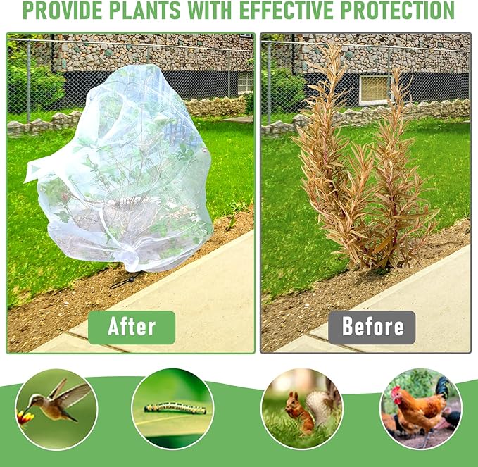 Fruit Tree Netting, Plant Mesh Netting for Garden Protection, Blueberry Bush Insect Netting Cover as Garden Pest Barrier from Cicadas, Bug, Bird (3.3x4.9 FT, 4Pcs, with Drawstring Design)