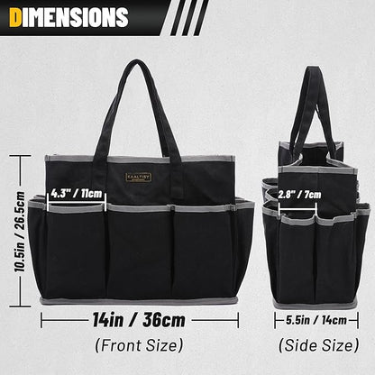 Canvas Tool Tote Bag, Heavy Duty 16oz Waxed Canvas Tool Storage Pouch with 1 Large Compartment & 10 Small Pockets | Multi-Purpose Garden Tool Bag for Horticulturists Mechanics Craftsmen – Black