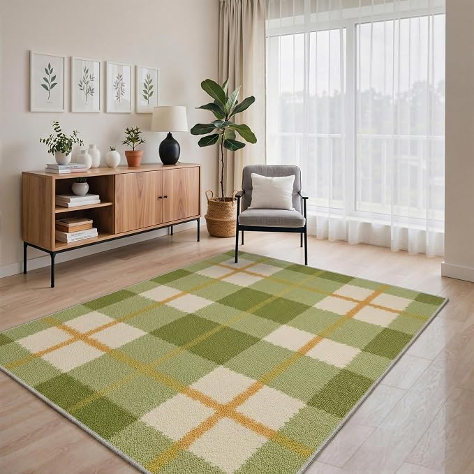 GENIMO Outdoor & Indoor Area Rug 5'x7', Waterproof, Non-Shedding, Easy Cleaning, Plaid Pattern Mat for Patio, Entryway, Porch, Living Room, Bedroom, Outside Carpet, Sage Green