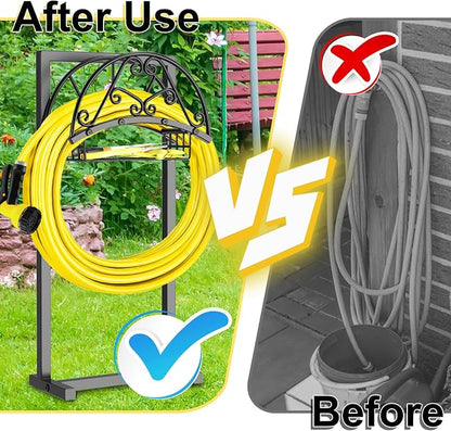 Garden Hose Holder Hanger Freestanding, Upgraded 4 Spikes Heavy Duty Storage Reel Stand with Storage Basket, Holds 150ft Hose for Outside Garden Yard Lawn vegetable patch