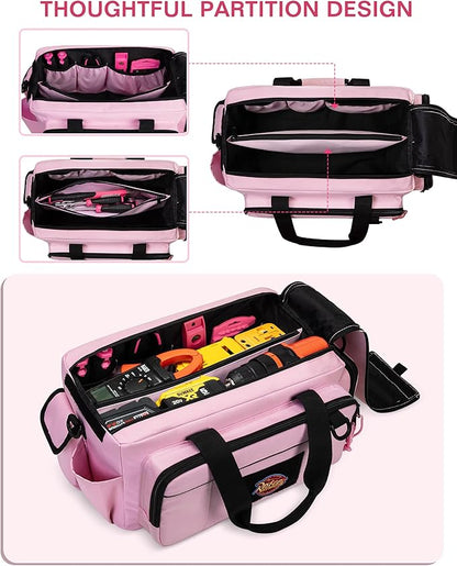 Tactical Tool Bag for Women, 16 Inches Tool Storage Organizer Box with Wide Mouth, Large Toolbag Toolbox with Handle, Pink (Empty Bag Only)