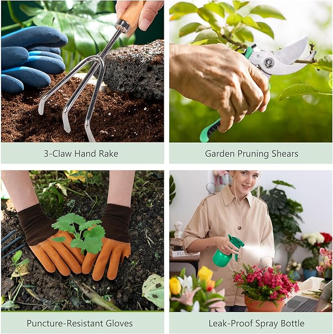 Gardening Tools Set of 10, Heavy Duty Stainless Steel Garden Hand Tools with Floral Tote Bag, Rust-Proof Garden Tools for Gardening, Gardening Gifts for Women, Men and Plant Lover