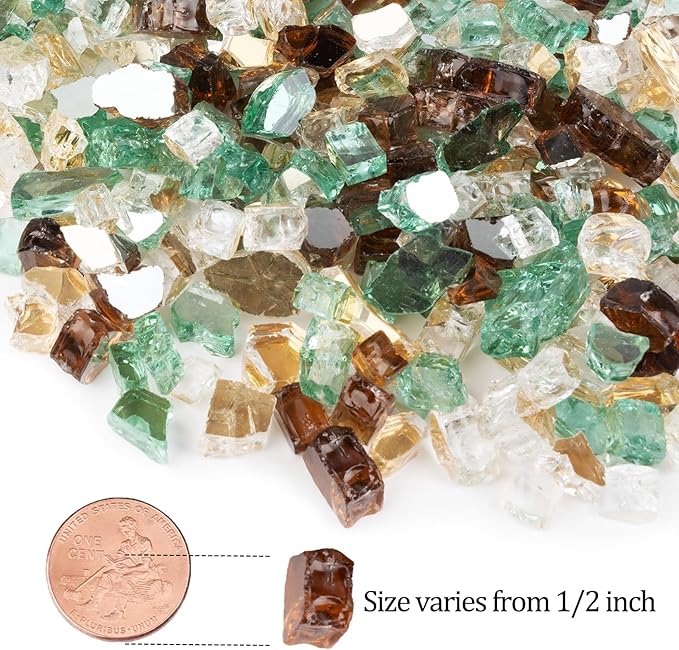 GASPRO 20 lbs Fire Glass for Propane Fire Pit, 1/2-Inch Reflective Fireplace Glass Rocks for Fire Pit Table, Gold Copper Green