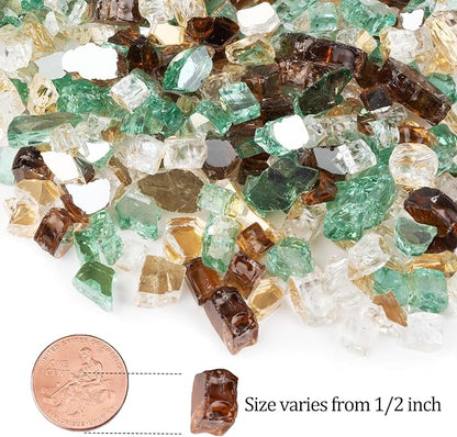 GASPRO 20 lbs Fire Glass for Propane Fire Pit, 1/2-Inch Reflective Fireplace Glass Rocks for Fire Pit Table, Gold Copper Green