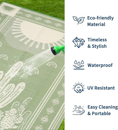 Garvee Reversible Cactus Outdoor Rug 8x10 for Patio, Waterproof Outdoor Area Rug, Modern Desert Botanical Indoor Outdoor Rugs, Plastic Straw Rug for RV, Camping, Deck, Sage Green & Beige