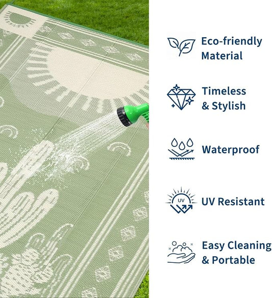 Garvee Reversible Cactus Outdoor Rug 8x10 for Patio, Waterproof Outdoor Area Rug, Modern Desert Botanical Indoor Outdoor Rugs, Plastic Straw Rug for RV, Camping, Deck, Sage Green & Beige