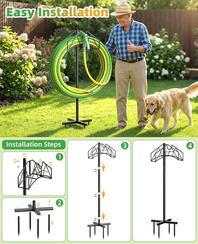 Garden Hose Holder, Heavy Duty Water Hose Holder Holds 150/160ft Hose for Outside, Hose Stand Storage Rack Freestanding with Nozzle Holder & Stable Base,Metal Hanger for Yard Lawn Farm Gardening Tools