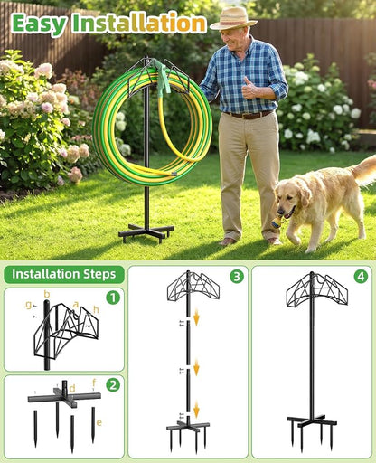 Garden Hose Holder, Heavy Duty Water Hose Holder Holds 150/160ft Hose for Outside, Hose Stand Storage Rack Freestanding with Nozzle Holder & Stable Base,Metal Hanger for Yard Lawn Farm Gardening Tools