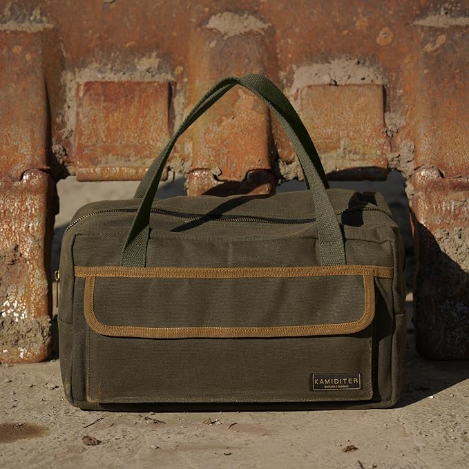 Retro Handled Utility Small Tote with Contrasting Color Accents- All Purpose Tool Bag for Work/Home/Car Storage (ArmyGreen)