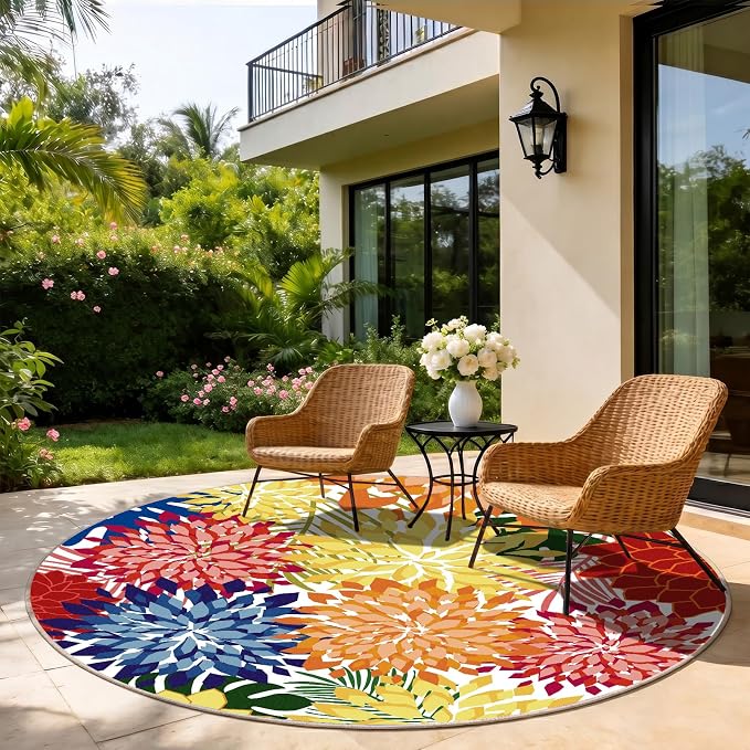 ZonLi Colorful Outdoor Rug 6x6Ft Waterproof Multicolored Indoor Area Rug Washable Outdoor Patio Rugs Tropical Floral Non Slip Outdoor Carpet for Living Room, Pool,Backyard,Deck,Camping