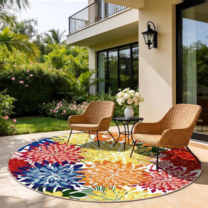 ZonLi Colorful Outdoor Rug 6x6Ft Waterproof Multicolored Indoor Area Rug Washable Outdoor Patio Rugs Tropical Floral Non Slip Outdoor Carpet for Living Room, Pool,Backyard,Deck,Camping