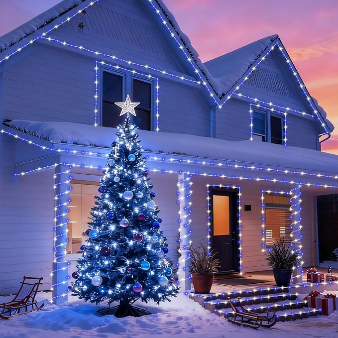 YEGUO Solar Christmas Lights Outdoor Waterproof, 2 Packs Each 33ft 100 LED Rope Lights, 8 Modes Fairy String Lights in Clear Thin Tube for Camping Fence Patio Garden Trampoline Deck(Blue and White)