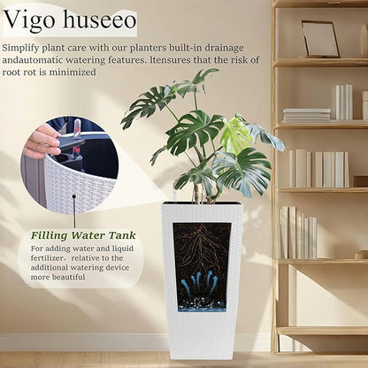 23in Tall Planter Set of 2, Large Self Watering Pots for Indoor/Outdoor Plants with Drain Holes, Water Level Monitor, Inner Bucket for Front Porch Patio, White Rattan