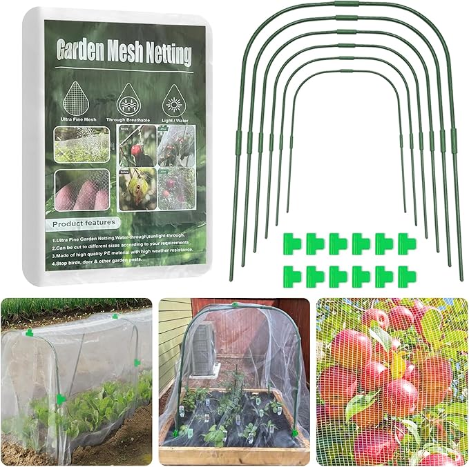 Garden Mesh Netting Kit for Raised Beds, 8 * 26FT Ultra Fine Plant Netting Covers with 6 Pcs Wide Garden Hoops & 12 Clips, Row Cover Net Protect Greenhouse Fruit Vegetable Flowers from Birds Bugs