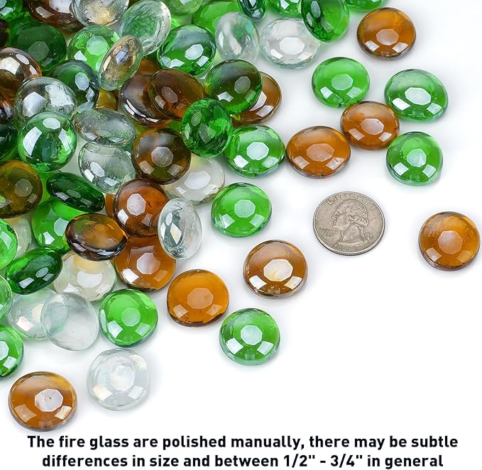 Skyflame 10-Pound Blended Fire Glass Beads for Fire Pit Fireplace Landscaping, 1/2-Inch High Luster Emerald Green, Crystal Ice, Caramel