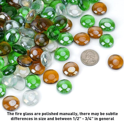 Skyflame 10-Pound Blended Fire Glass Beads for Fire Pit Fireplace Landscaping, 1/2-Inch High Luster Emerald Green, Crystal Ice, Caramel